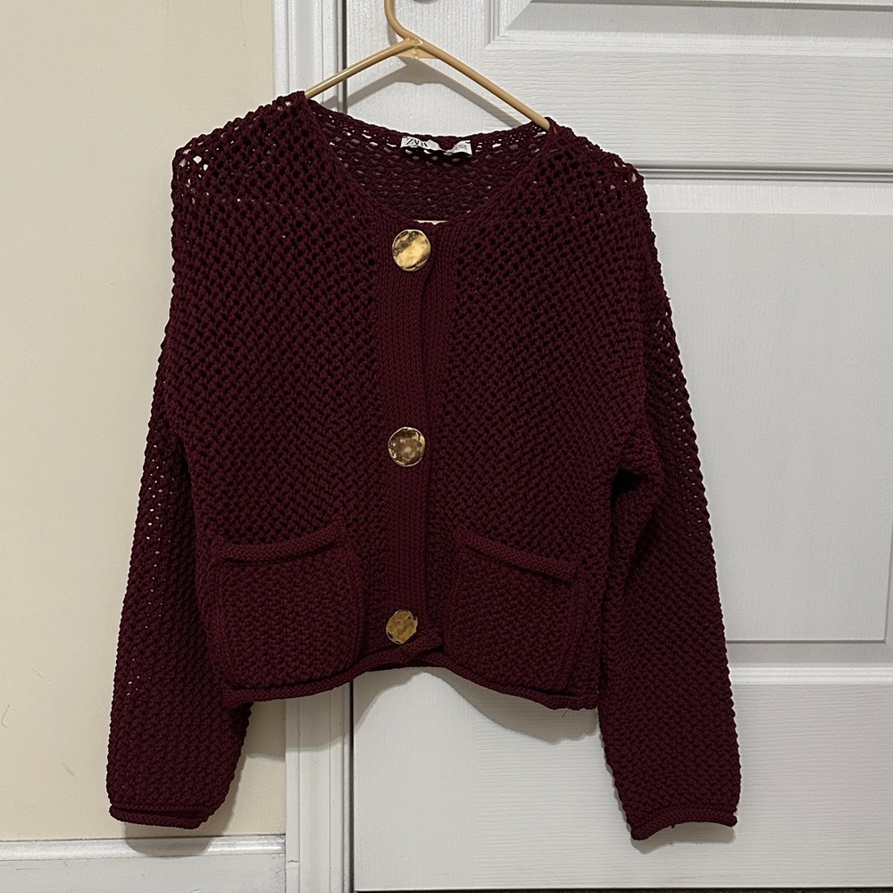Zara Burgundy Cardigan with Gold Accents